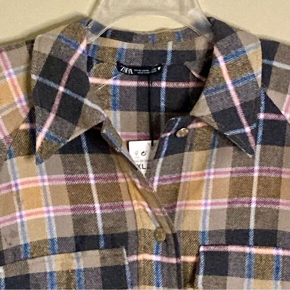 NEW Zara Oversized Plaid Shacket Overshirt Flannel Jacket Tan Pink Gray Size XL - Picture 9 of 16